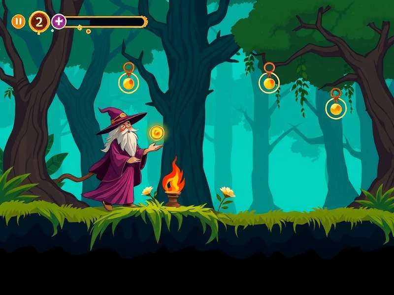 Hoppin Savant Wizard gameplay screenshot showing wizard casting spells in a magical Indian forest